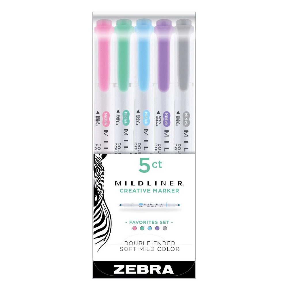 Zestaw dwustronnych zakreślaczy Mildliner Favorites - Zebra - 5 kolorów