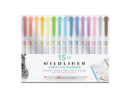 Zestaw dwustronnych zakreślaczy Mildliner - Zebra - 15 kolorów