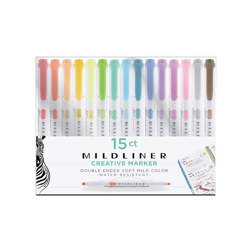 Zestaw dwustronnych zakreślaczy Mildliner - Zebra - 15 kolorów
