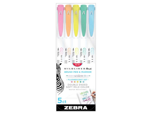 Zestaw dwustronnych zakreślaczy Mildliner Brush - Zebra - Fluorescent, 5 kolorów