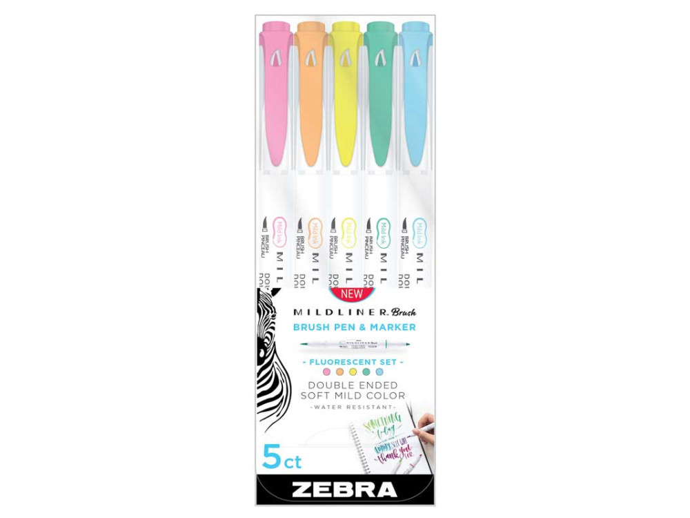 Set of double ended Mildliner Brush Pens - Zebra - Fluorescent, 5 pcs.