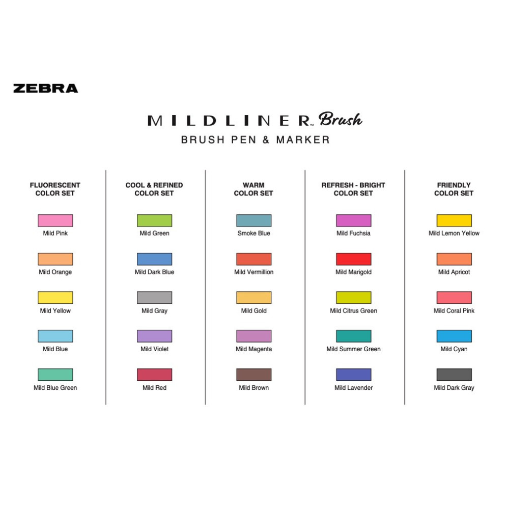 Zestaw dwustronnych zakreślaczy Mildliner Brush - Zebra - Warm, 5 kolorów