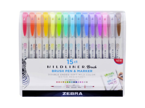 Zestaw dwustronnych zakreślaczy Mildliner Brush - Zebra - 15 kolorów