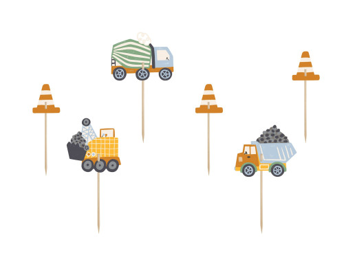 Cupcakes toppers, Construction vehicles - 4-7 cm, 6 pcs