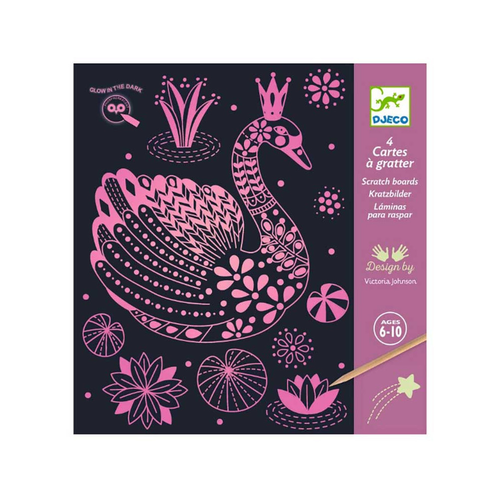 Scratch boards for children, fluorescent - Djeco - Swan, 4 sheets