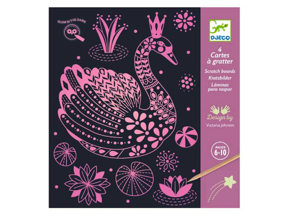 Scratch boards for children, fluorescent - Djeco - Swan, 4 sheets