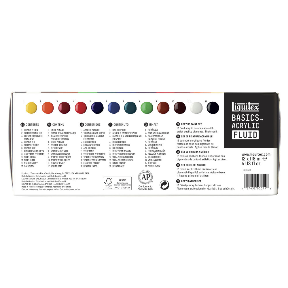 Set of Basics Acrylic Fluid paints - Liquitex - 12 x 118 ml