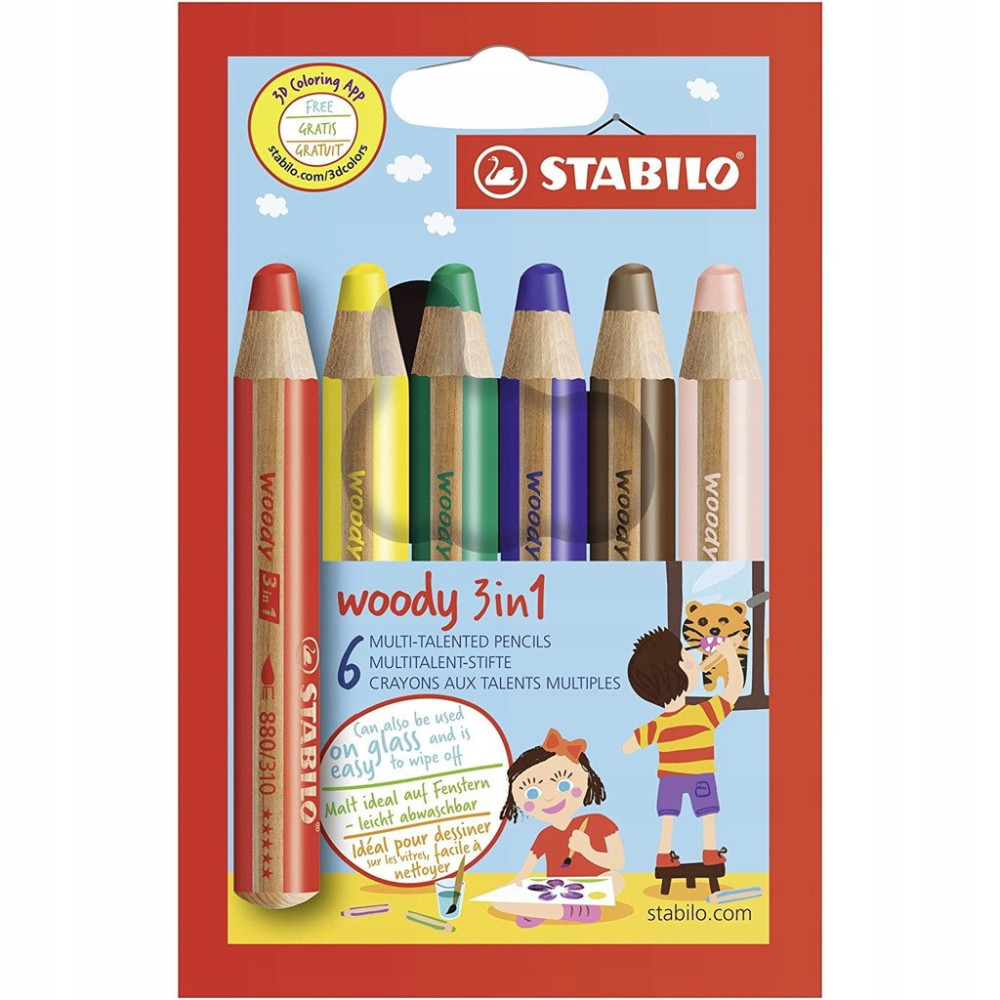 Zestaw kredek dla dzieci Woody 3 w 1 - Stabilo - 6 kolorów