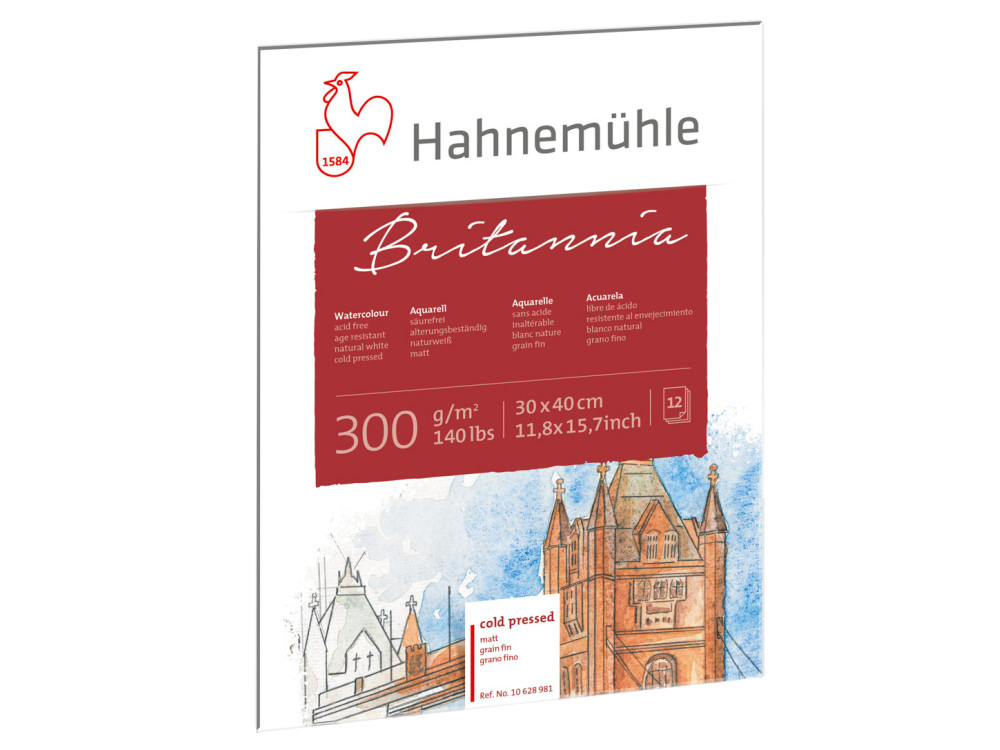 Blok do akwareli Britannia - Hahnemühle - cold pressed, 30 x 40 cm, 300 g, 12 ark.