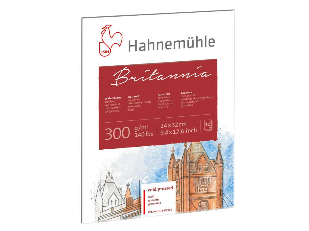 Blok do akwareli Britannia - Hahnemühle - cold pressed, 24 x 32 cm, 300 g, 12 ark.