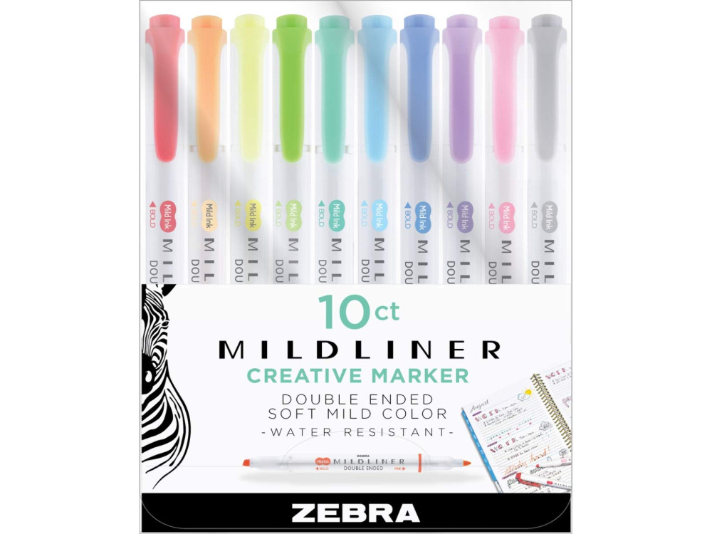 Zestaw dwustronnych zakreślaczy Mildliner - Zebra - 10 kolorów