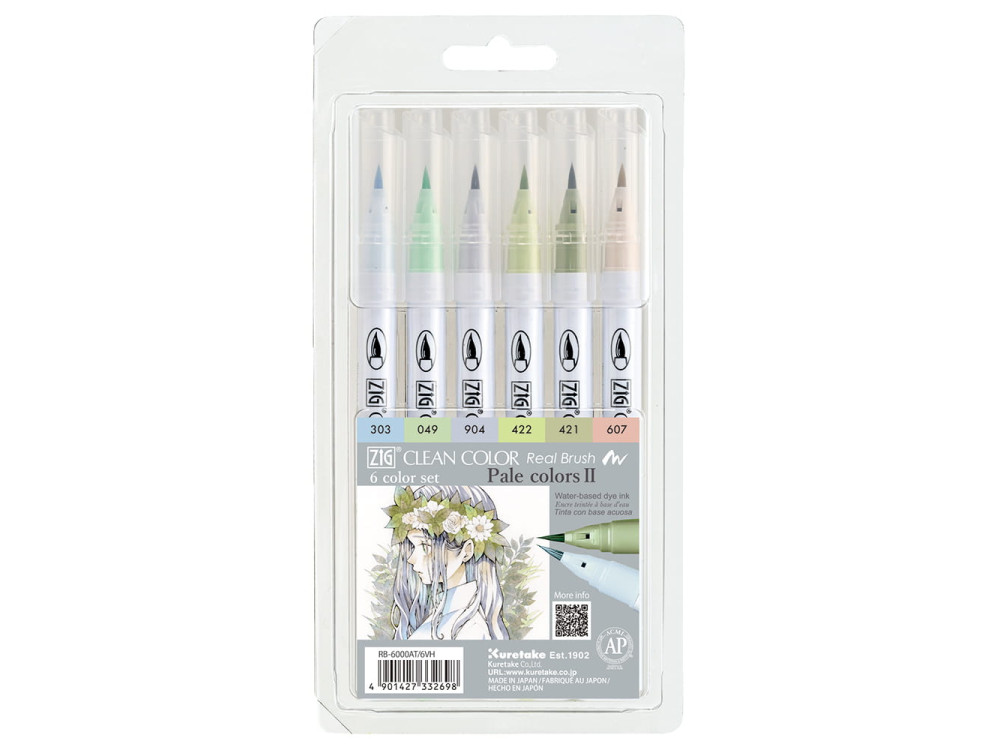 Set of Zig Clean Color Real Brush Pens, Pale Colors - Kuretake - 6 pcs.