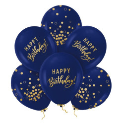 Happy birthday latex balloons - dark blue and gold, 30 cm, 6 pcs.