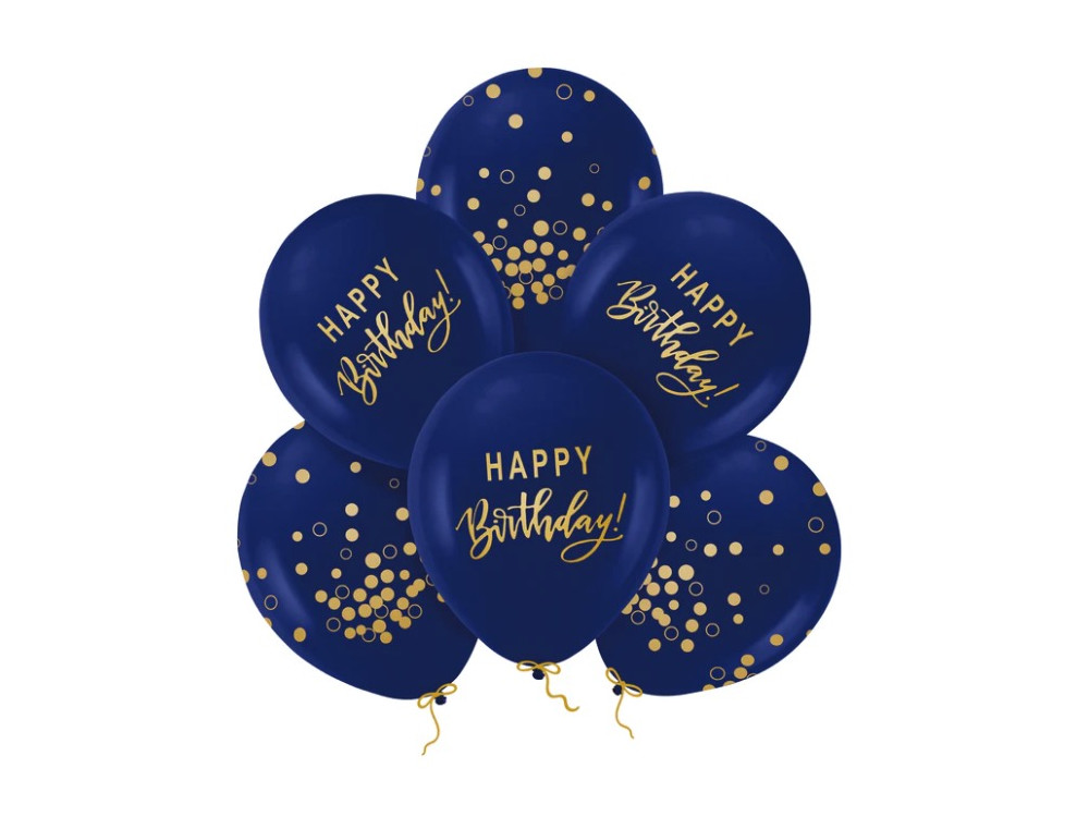 Balony lateksowe Happy Birthday - granatowo-złote, 30 cm, 6 szt.