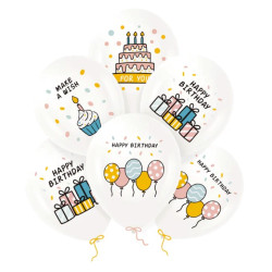 Happy birthday latex balloons - white, 30 cm, 6 pcs.