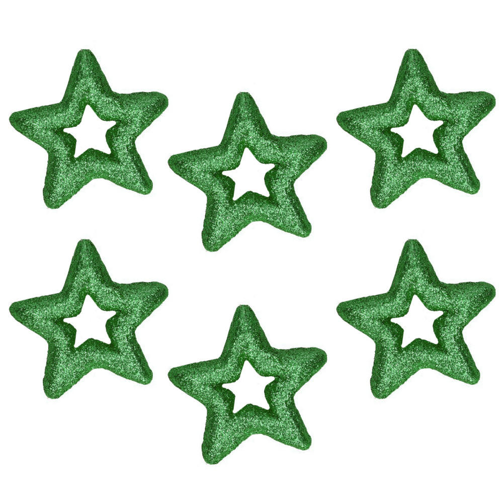 Glitter styrofoam stars - green, 7,5 cm, 6 pcs.