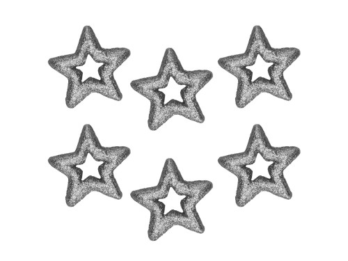 Gwiazdki brokatowe styropianowe - srebrne, 7,5 cm, 6 szt.