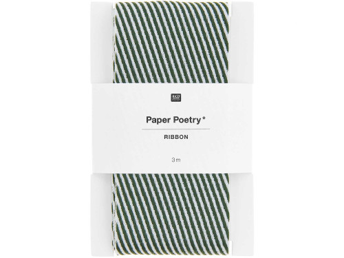 Woven ribbon, Diagonal Stripes - Paper Poetry - green and white, 5 cm x 3 m