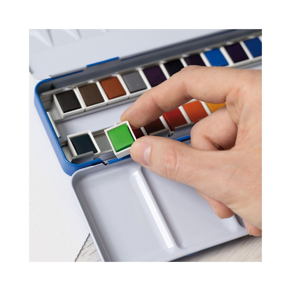 Metal case for watercolor paints in half pans - Milan - blue, 12 slots