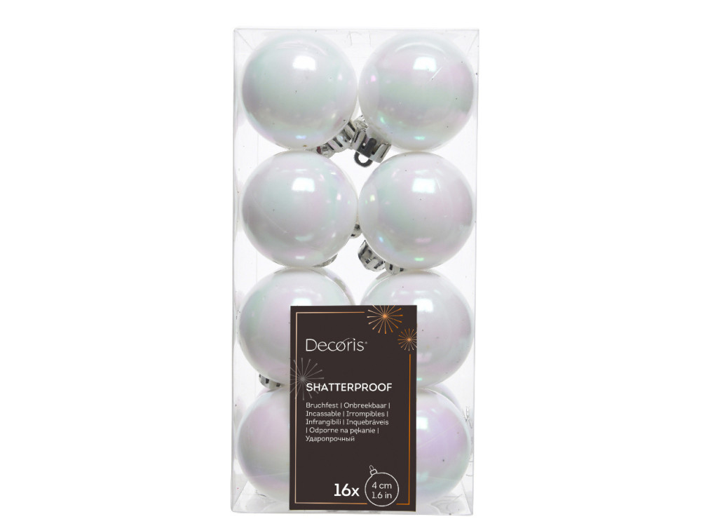 Shatterproof baubles - iridescent white, 4 cm, 16 pcs.