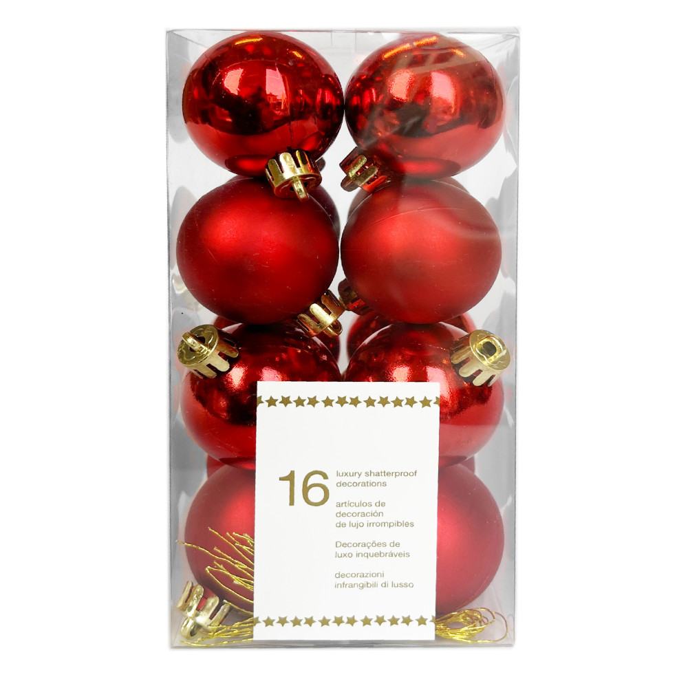 Shatterproof baubles - red, 3,5 cm, 16 pcs.