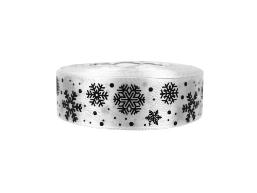 Wstążka satynowa Śnieżynki - biała, 25 mm x 22 m