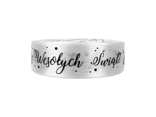 Wstążka satynowa Wesołych Świąt - biała, 25 mm x 22 m