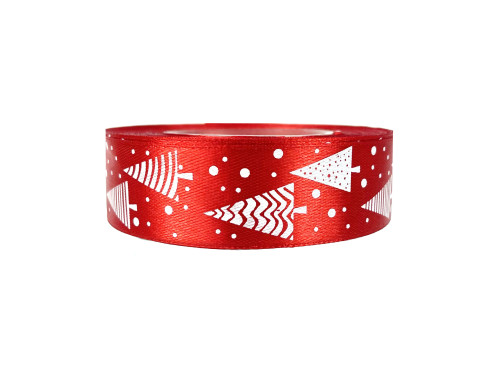 Satin ribbon Christmas Trees - red, 25 mm x 22 m