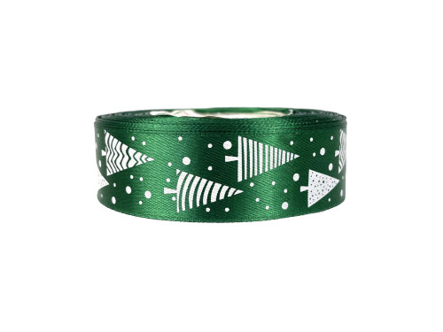 Satin ribbon Christmas Trees - green, 25 mm x 22 m