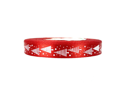 Satin ribbon Christmas Trees - red, 12 mm x 22 m