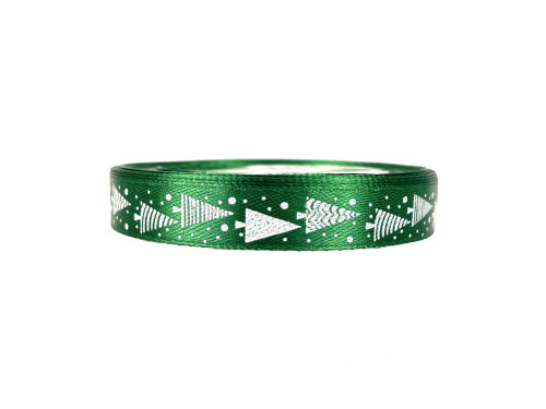 Satin ribbon Christmas Trees - green, 12 mm x 22 m