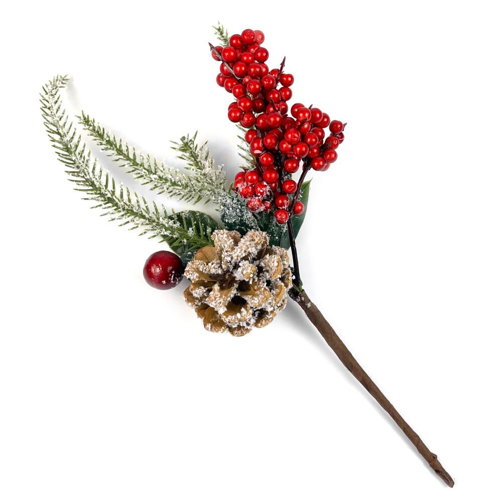 Gałązka świąteczna, jarzębina z szyszką ośnieżona - 30 cm