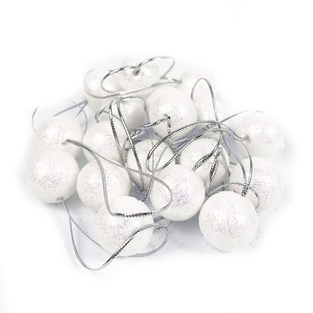 Styrofoam glitter baubles - white, 25 mm, 18 pcs.