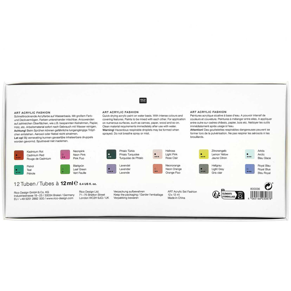 Zestaw farb akrylowych ART Fashion - Rico Design - 12 kolorów x 12 ml