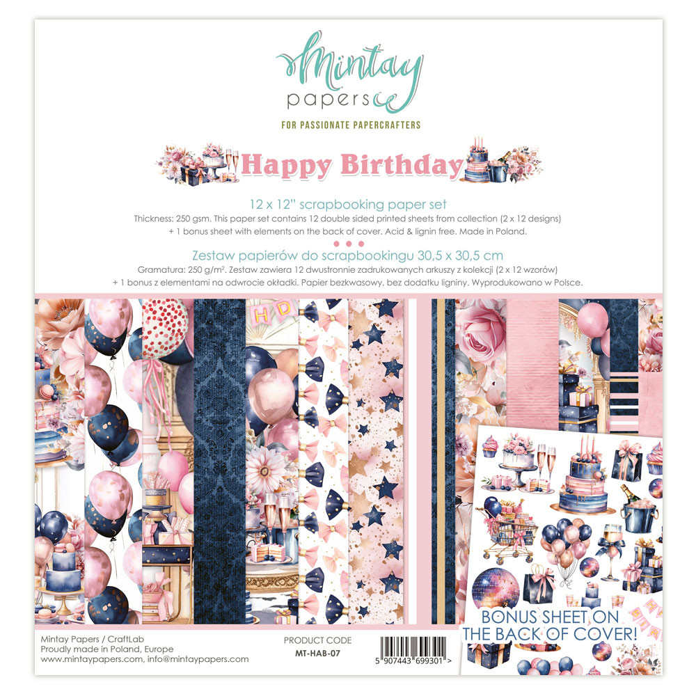 Set of scrapbooking papers 30,5 x 30,5 cm - Mintay - Happy Birthday