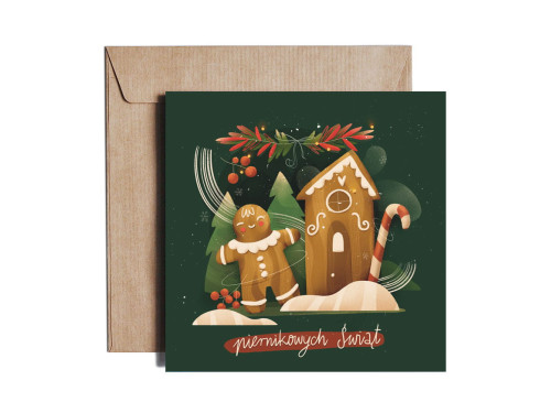 Kartka okolicznościowa - PiesKot - Gingerbread, 14,5 x 14,5 cm