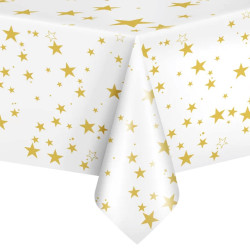 Waterproof tablecloth with stars - white and gold, 137 x 274 cm