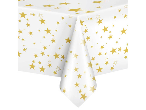 Waterproof tablecloth with stars - white and gold, 137 x 274 cm