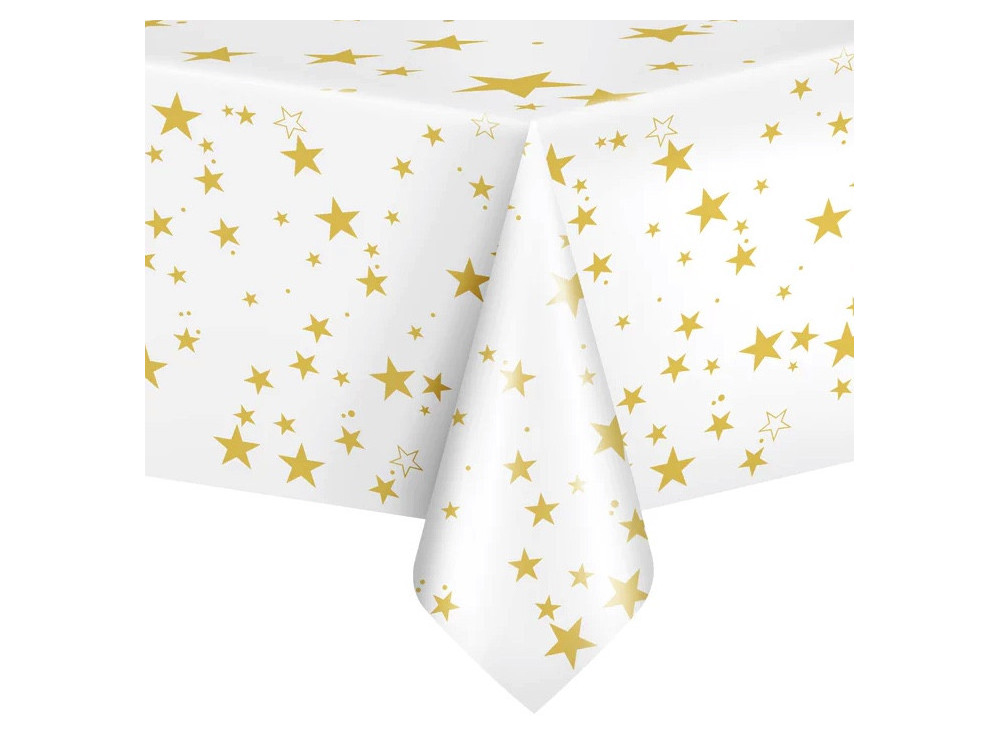 Waterproof tablecloth with stars - white and gold, 137 x 274 cm