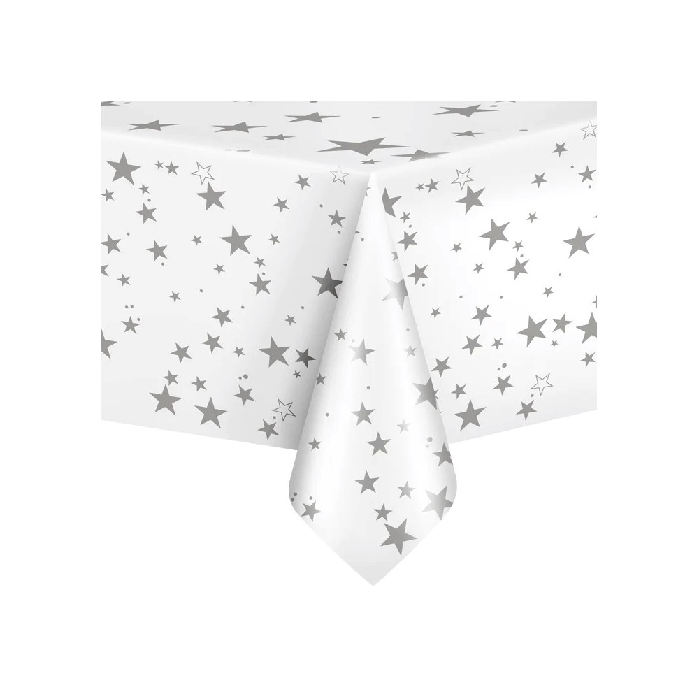 Waterproof tablecloth with stars - white and silver, 137 x 274 cm