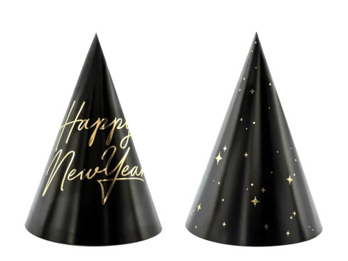 Party hats Happy New Year - black, 16 cm, 6 pcs.