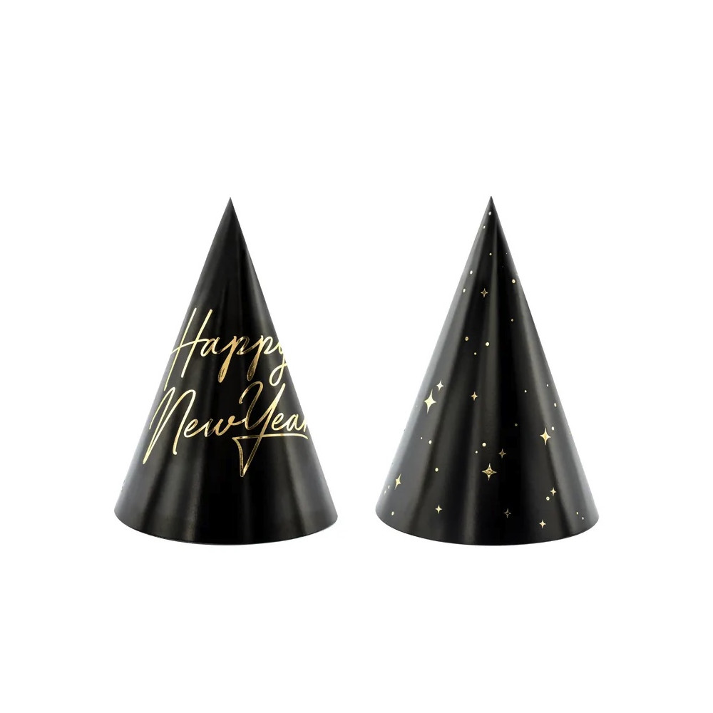 Party hats Happy New Year - black, 16 cm, 6 pcs.