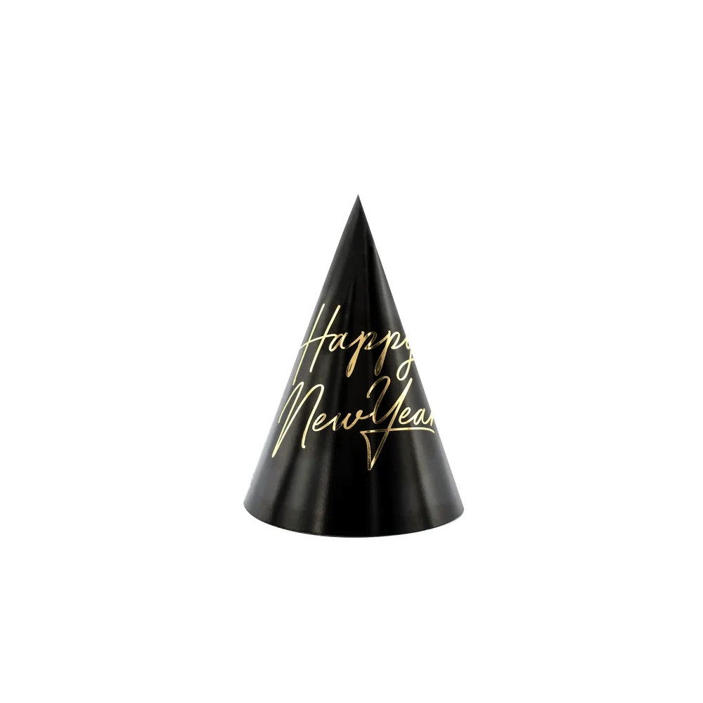 Czapeczki papierowe Happy New Year - czarne, 16 cm, 6 szt.