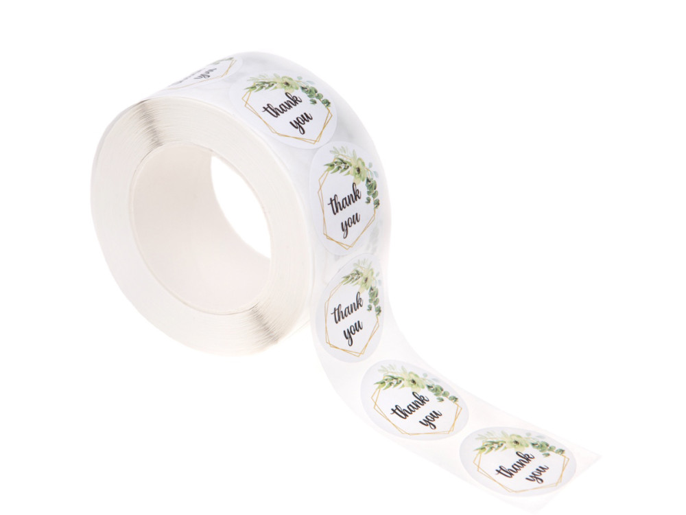 Stickers on a roll, Thank You - DpCraft - flowery, 500 pcs.