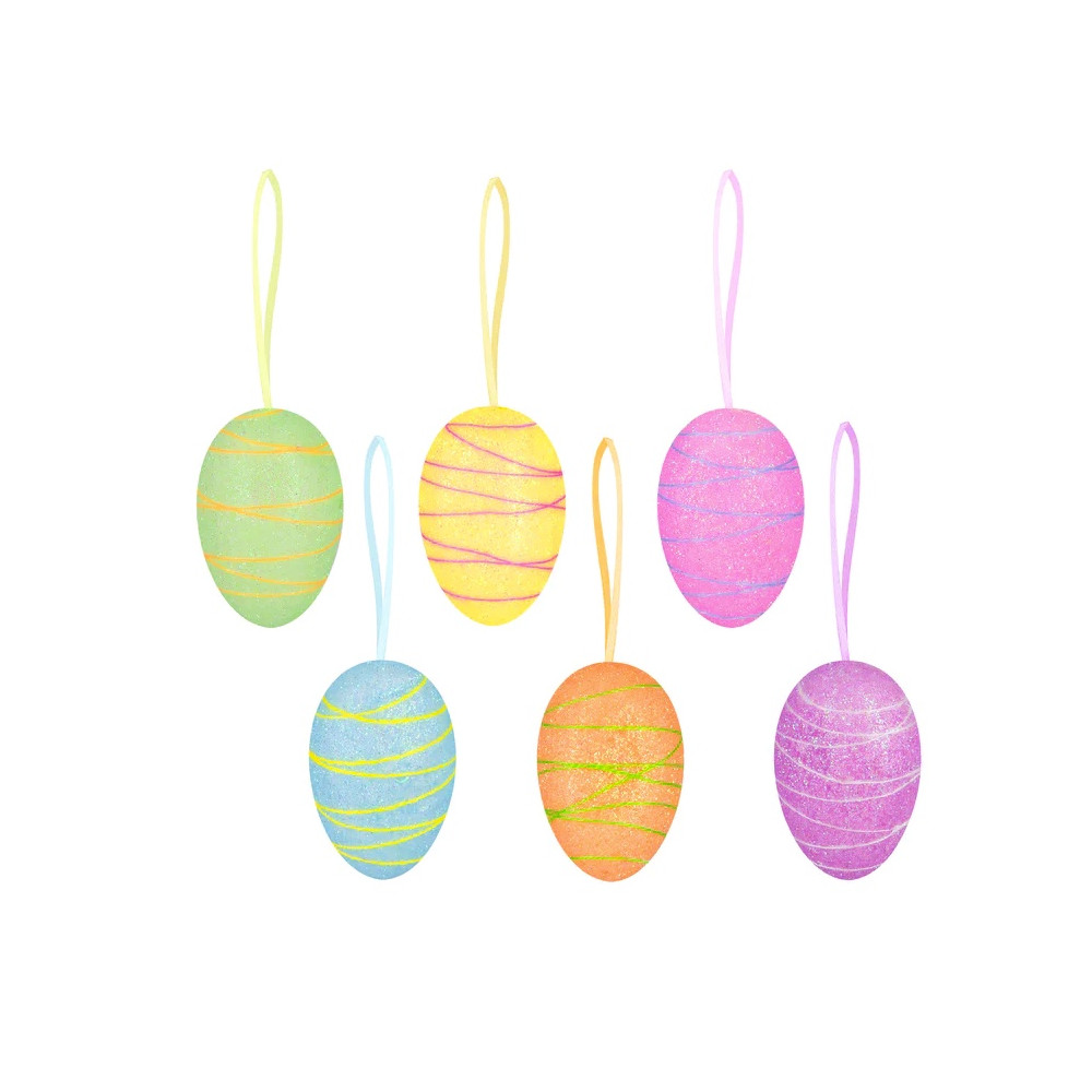 Styrofoam eggs pendants with glitter, striped - 4 x 6 cm, 6 pcs.