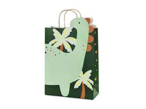 Gift paper bag, Dinosaur - green, 10 x 24 x 37 cm