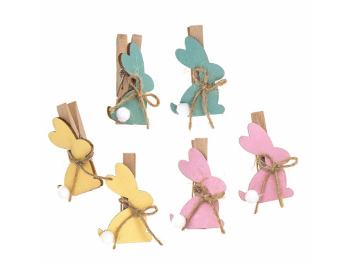 Wooden Bunnies clips - 4,7 cm, 6 pcs.