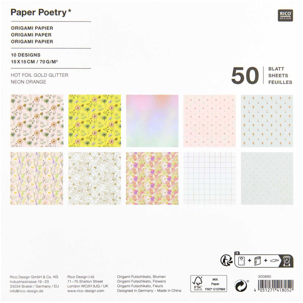 Papier origami Futschikato Kwiaty - Paper Poetry - 15 x 15 cm, 50 ark.