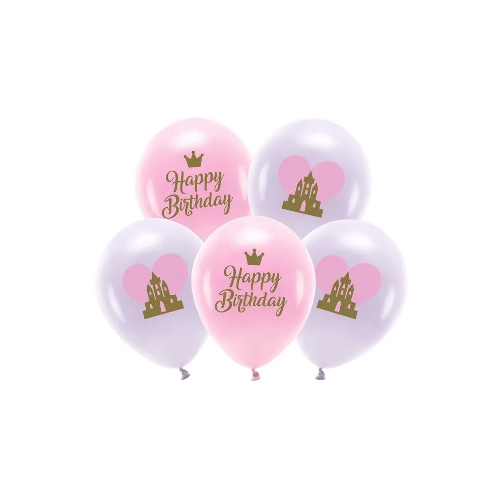 Balony lateksowe Eco, Happy Birthday - różowe, 33 cm, 5 szt.