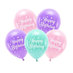 Balony lateksowe Eco, Happy Birthday - różowe, 26 cm, 5 szt.